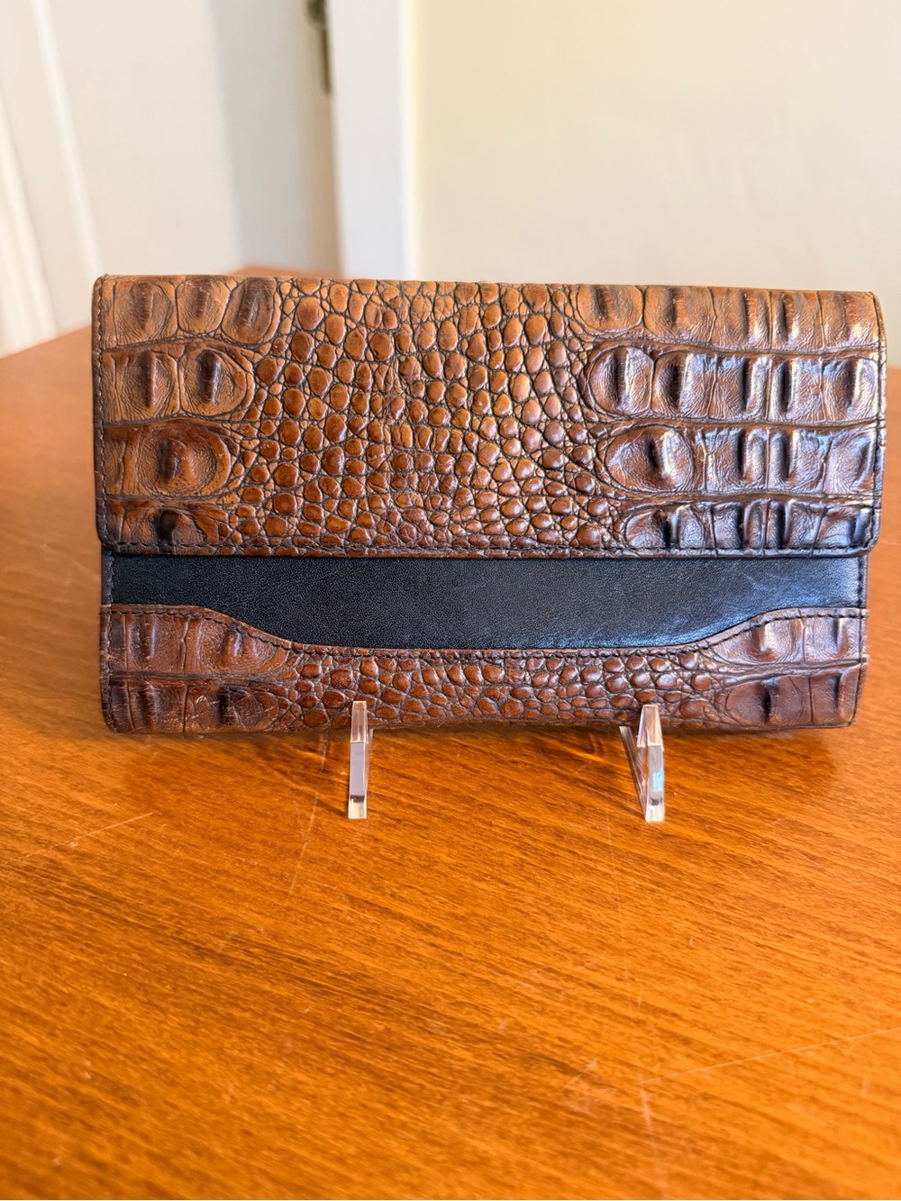 Brahmin Brown Croc-Embossed Tri Fold Wallet with Black Trim
